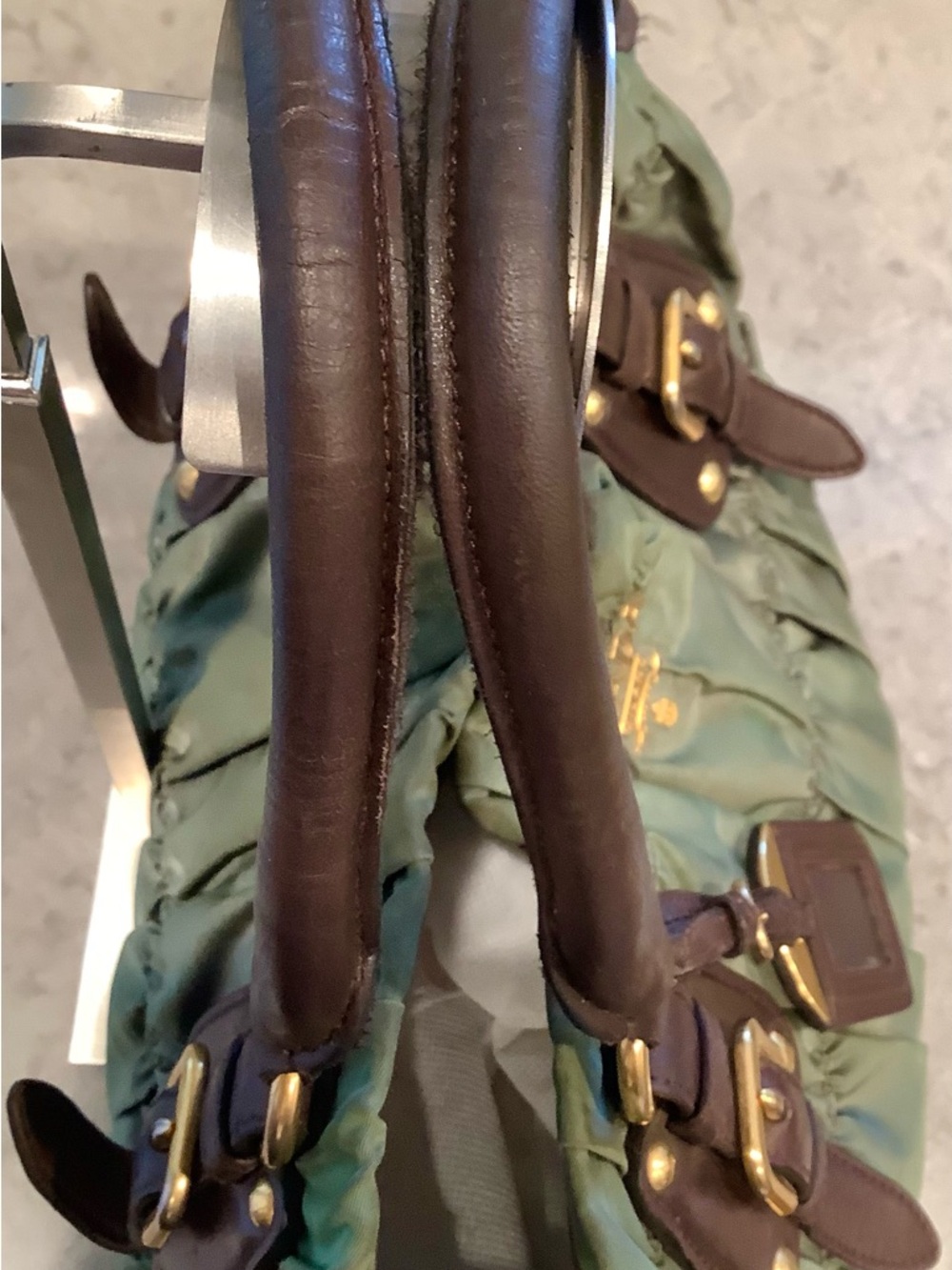 Prada Gaufre Olive Green Nylon Tote w/ Brown Leather Trim. PreLoved w/ sling - Picture 5 of 15